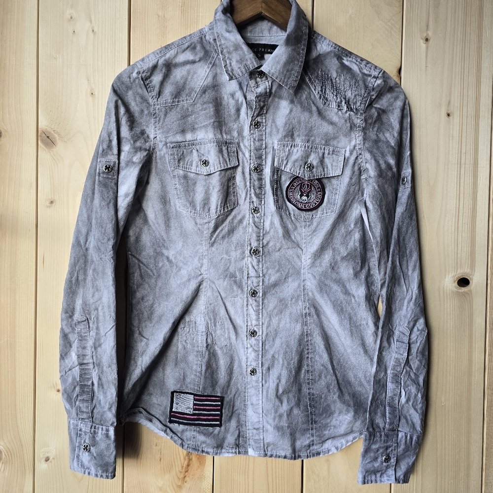 Affliction Black Premium Casual Button Down Grey Wash Pink Shirt Womens Small